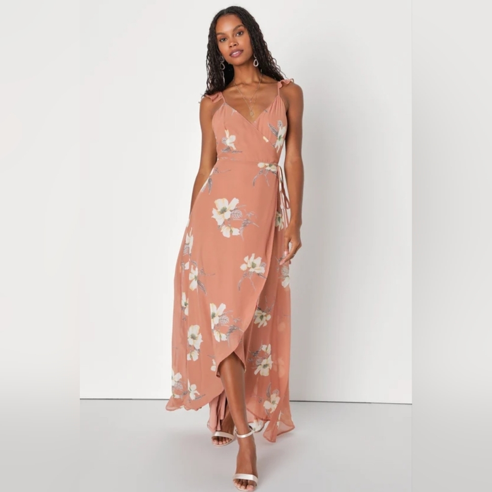 Lulu's Dusty Rose Floral Wrap Maxi Dress Size Medium